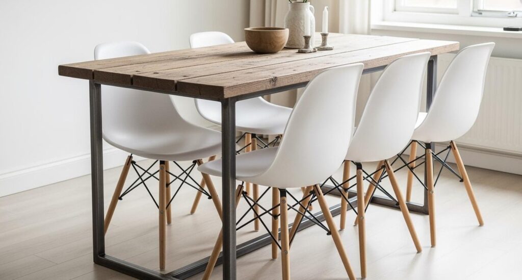 plankebord i lyst eg, men eames stol